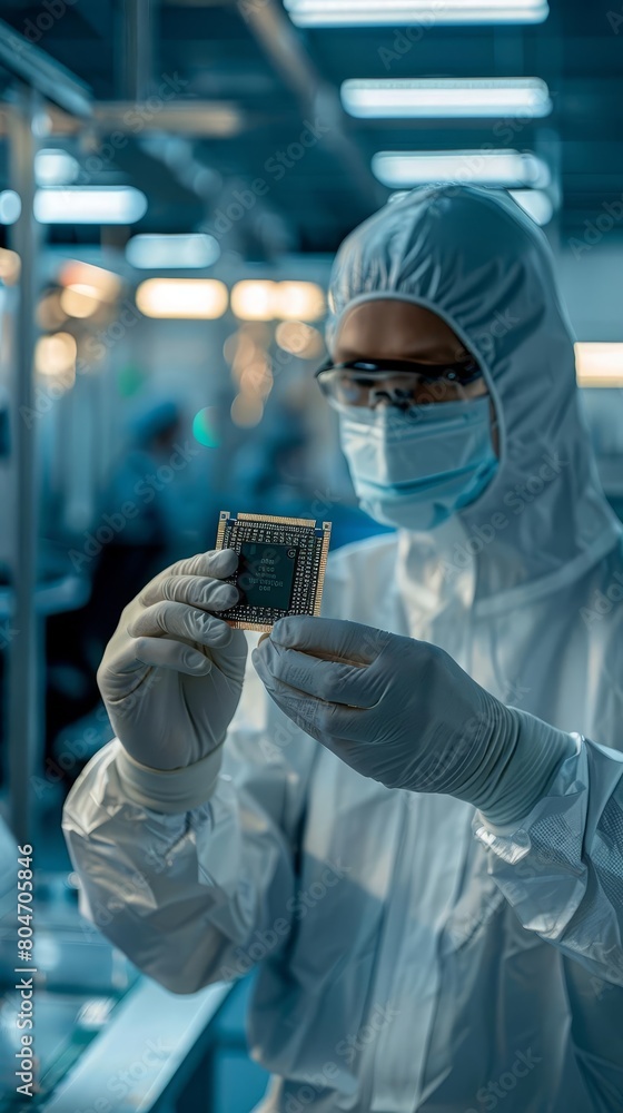 In Ultra Modern Electronic Manufacturing Factory Design Engineer in Sterile Coverall Holds Microchip with Gloves and Examines it In Ultra Modern Electronic Manufacturing Factory Design Engineer in Sterile Coverall Holds Microchip with Gloves and Examines it