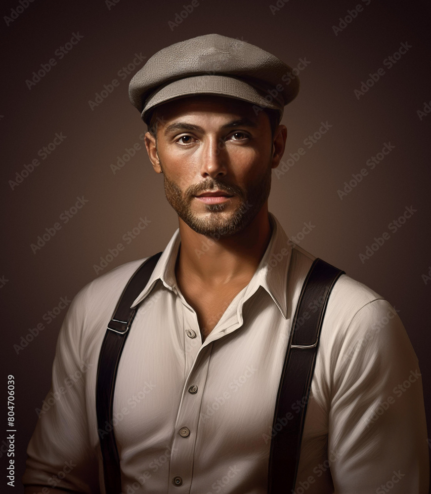 Stylish man in cap and suspenders with a confident expression Stylish man in cap and suspenders with a confident expression