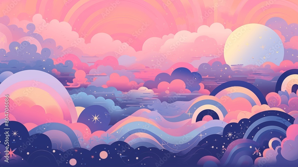 Surreal Depicting pink Vibrant Fantasy Landscape with cartoon clouds and rainbows.
