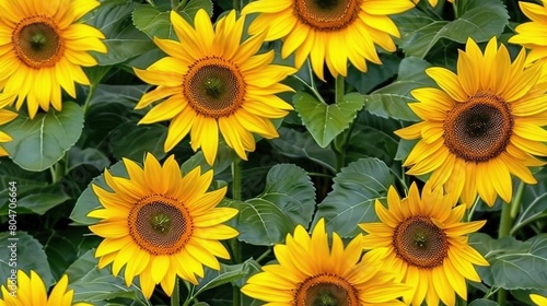   A group of sunflowers with green leaves in the foreground and a yellow flower in the background