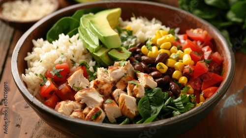 Indulge in a delightful homemade Mexican chicken burrito bowl featuring a mouthwatering combination of rice beans corn tomato avocado and spinach a flavorful taco salad lunch bowl awaits