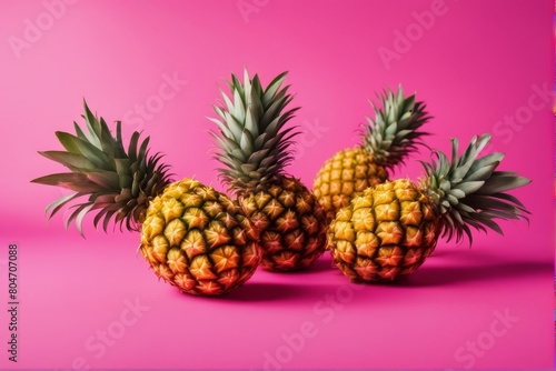 'pink painted pineapples vivid yellow background pineapple fruit summer design up high overhead topview high-coloured colours bright pastel colourful paint coloured style creative concept fashion' photo