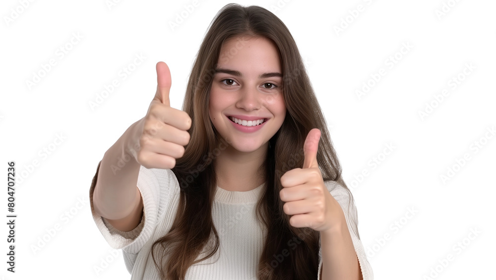 Beautiful young woman showing thumbs up sign isolated on a transparent background
Beautiful young woman showing thumbs up sign isolated on a transparent background