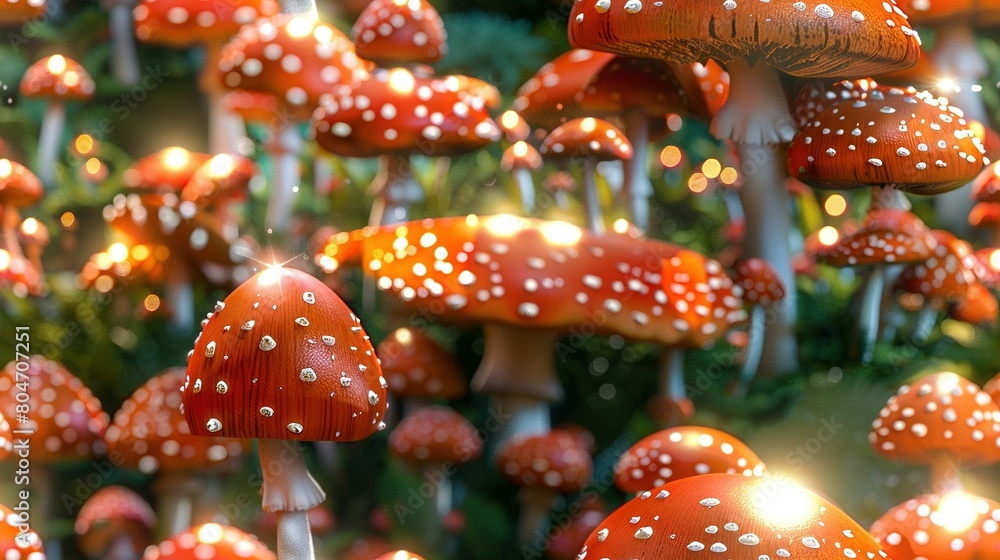  A field of red mushrooms, marked with white dots, stands amidst lush green grass and towering trees