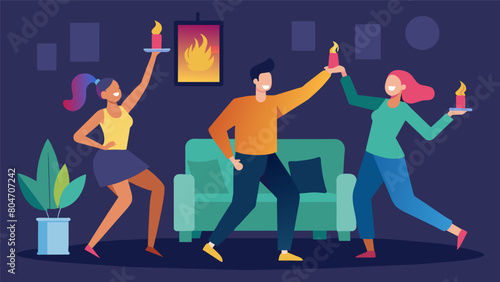 The flickering candles create a cozy ambiance in the living room as friends break a sweat and release stress through Zumba.. Vector illustration