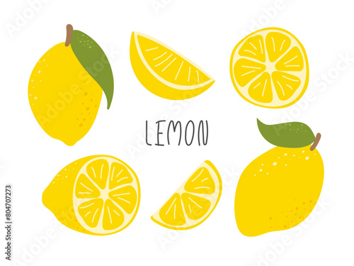 Various lemon parts set. Abstract hand drawn slices and whole citrus fruit. Flat design illustration. Ingredient for summer lemonade, cocktail, fresh drink