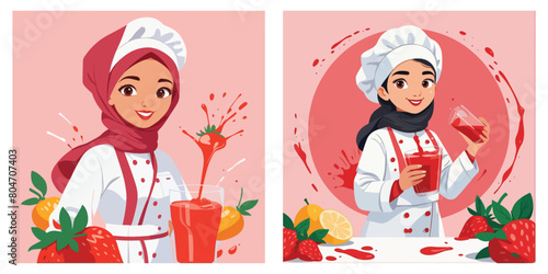 Chef Hijab Beauty Posing with Fresh Fruits Strawberry Juice Refreshment. Vector Illustration. EPS 10.