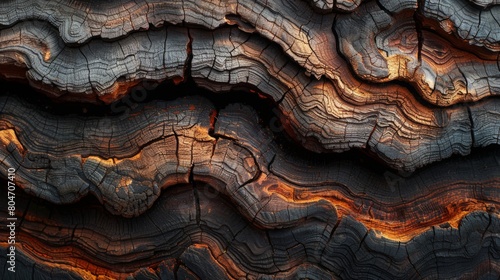 A photo of the texture of rough wood, where natural patterns and furrows are visible, creating a feeling of natural strength and hardness photo