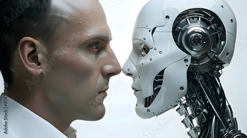 3d rendering humanoid robot looking at each other with eyes closed.