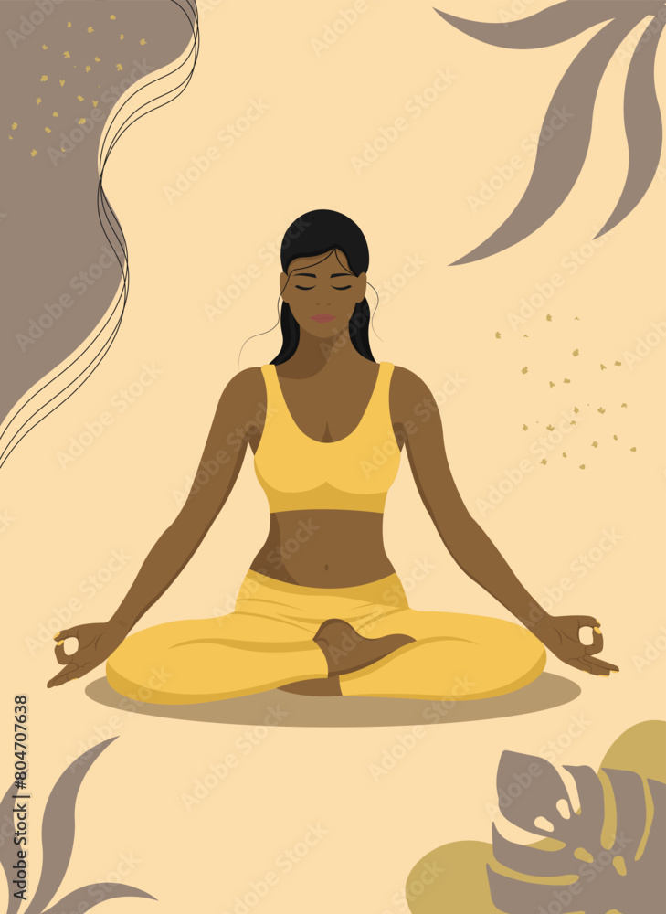 Young dark skinned woman in lotus pose practicing yoga.Physical and spiritual practice.Poster for yoga center.Vector illustration.