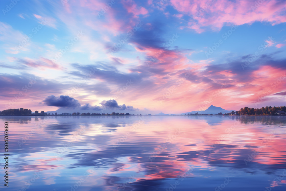 A serene lake reflecting the breathtaking hues of the evening sky, isolated on solid white background. A serene lake reflecting the breathtaking hues of the evening sky, isolated on solid white background.