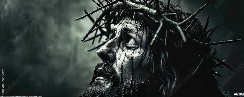 Detailed image of a man wearing a crown of thorns, with blood on his face and beard. Jesus Christ with Crown of Thorn, banner Detailed image of a man wearing a crown of thorns, with blood on his face and beard. Jesus Christ with Crown of Thorn, banner