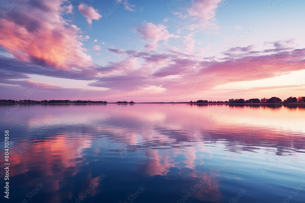 A serene lake reflecting the breathtaking hues of the evening sky, isolated on solid white background.