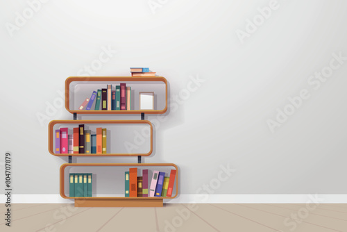 wooden unit with books on bright room
