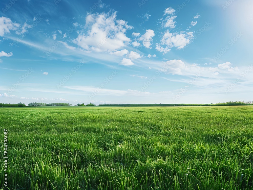 green grass field with blue sky background