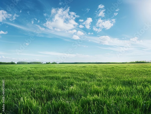 green grass field with blue sky background