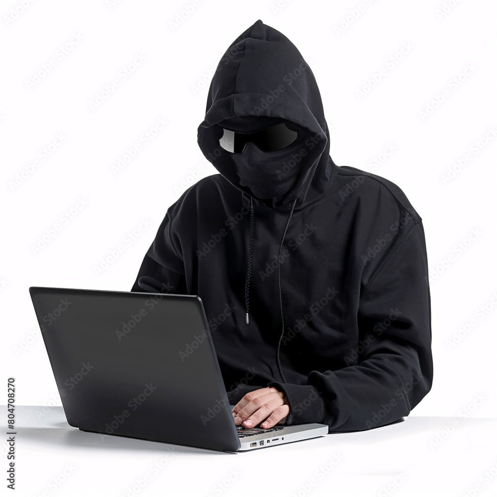 Hacker in black hoodie with balaclava on face sitting at laptop computer isolated white background Hacker in black hoodie with balaclava on face sitting at laptop computer isolated white background