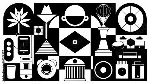 A collection of black and white photographs capturing everyday objects in a unique and abstract way representing the artists OCD and obsession with. Vector illustration