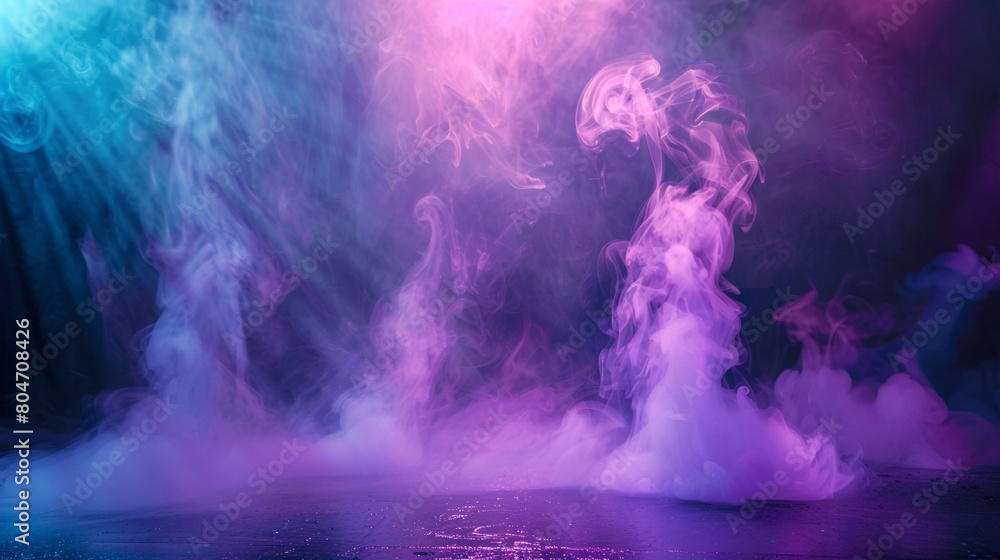 Soft aquamarine smoke curling across a stage under a bright purple spotlight, casting a cool, enchanting glow.