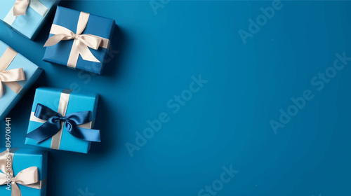 Blue background. Xmas dark blue teal gift box and gold ribbon bow from above for text Merry Christmas, Happy New Year and Black Friday season. Horizontal banner, header for website vector illustration