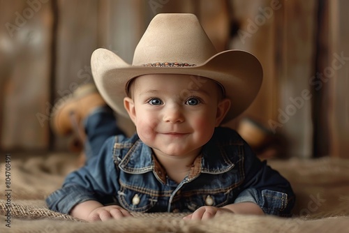 A baby boy wears a cowboy hat against a rustic barn backdrop in a playful western theme photo