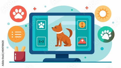 A touch screen display in a pet store showcasing the exercise and dietary habits of various pets helping potential owners make informed decisions.. Vector illustration