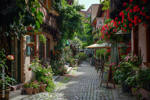 A charming cobblestone alley lined with colorful flowers and quaint cafes, isolated on solid white background. © MISHAL
