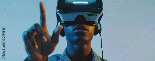 Person with VR headset showing peace sign in vivid colors.