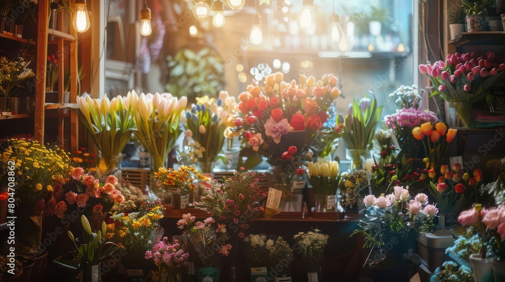 A warm and cozy atmosphere engulfs the flower shop, focusing on the bouquets of fresh flowers A warm and cozy atmosphere engulfs the flower shop, focusing on the bouquets of fresh flowers