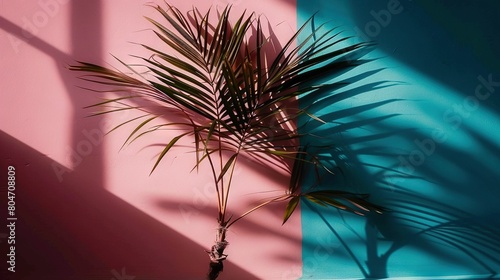   A palm tree casts a shadow on a pink, blue, and green wall, with a palm tree shadow on it