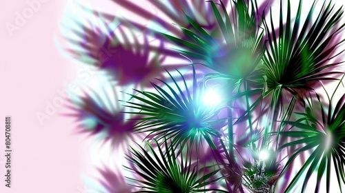  A clear picture of a palm tree with vibrant purple and green leaves on a stunning pink and blue background