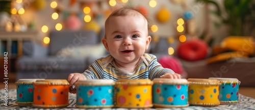 The baby boy, playing with a toy drum set, brings lively music to the colorful playroom