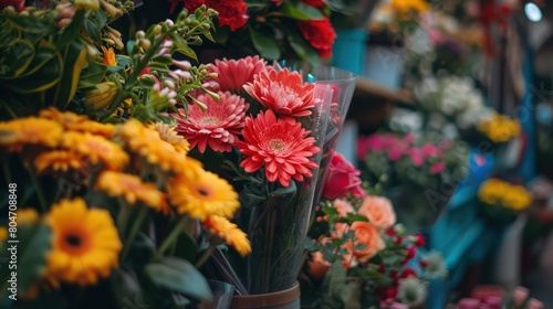 A lively selection of assorted flowers at a market stall, showcasing nature's diversity and beauty