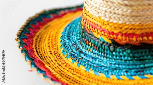 A vibrant Mexican straw sombrero stands out against a crisp white background
