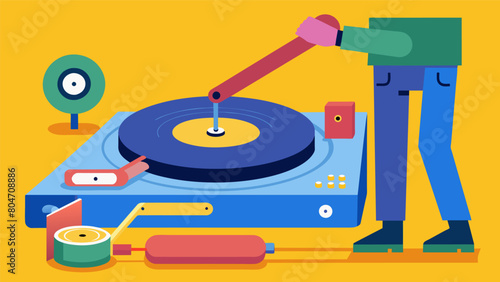 The final step attaching the belt to the pulley a satisfying task that completes the record player assembly. Vector illustration