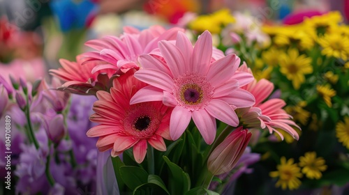 Bright pink gerberas stand out in this heartwarming display at a flower market