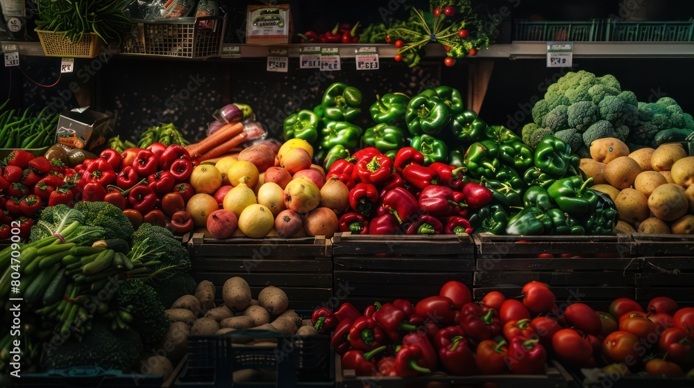 Richly colored, fresh fruits and vegetables on display in a market, inviting healthy food choices