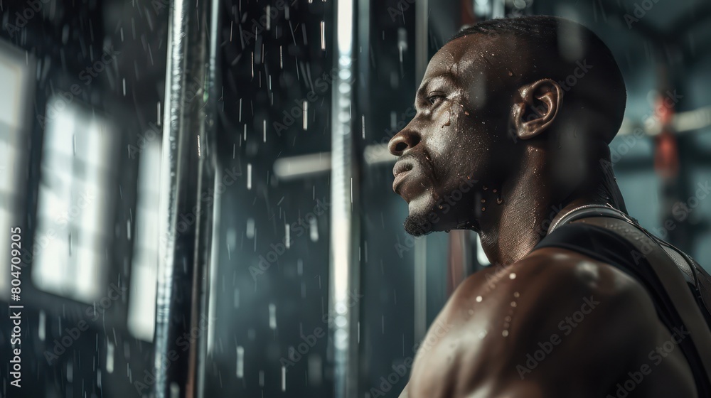 A sculpted bodybuilder's side profile as he poses in the gym with a dynamic rain effect A sculpted bodybuilder's side profile as he poses in the gym with a dynamic rain effect
