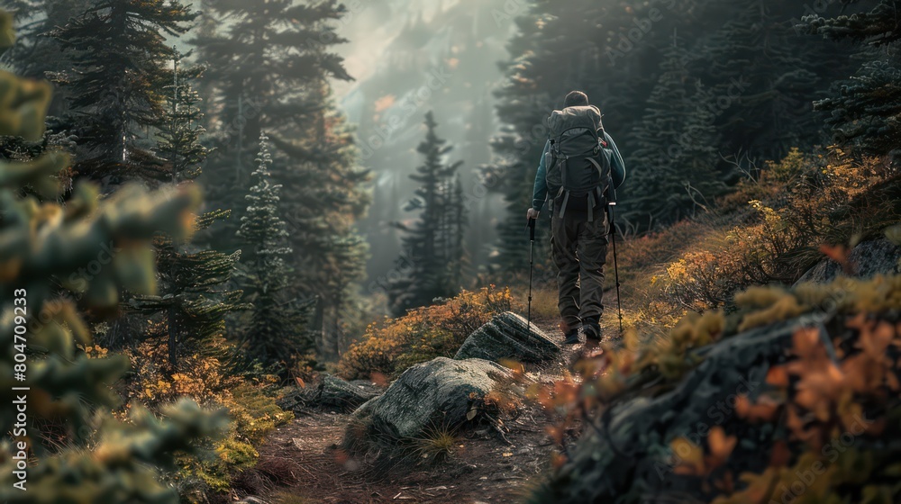 Fototapeta premium A contemplative hiker looks out over a sunlit mountain range covered in mist and autumn foliage
