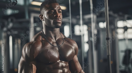 A powerful image of a well-defined bodybuilder posing with confidence against a blurred background of a gym interior