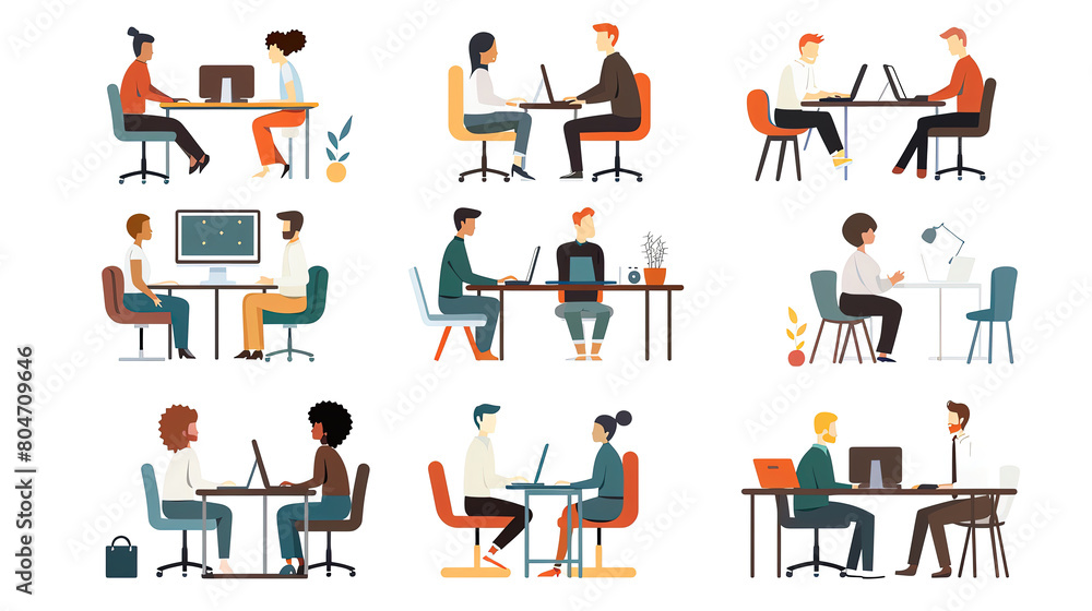 A diverse group office work collection with people working on computers, talking and discussing business A diverse group office work collection with people working on computers, talking and discussing business