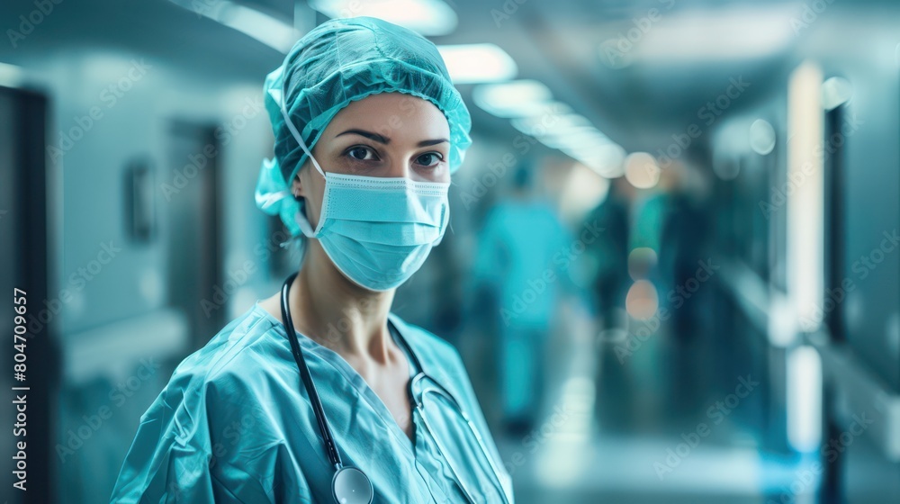 Image depicts a focused surgical nurse with blue scrubs, a surgical cap, mask, and a stethoscope in a hospital environment Image depicts a focused surgical nurse with blue scrubs, a surgical cap, mask, and a stethoscope in a hospital environment