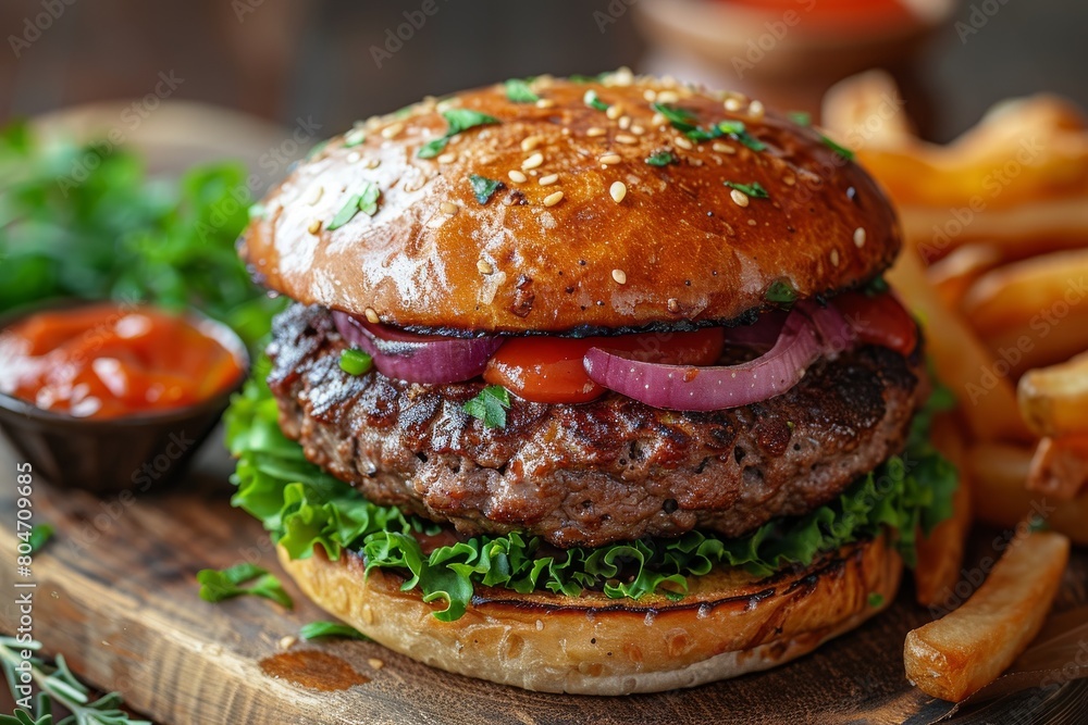 High-quality close-up of a juicy burger with sesame bun, lettuce, and onion rings High-quality close-up of a juicy burger with sesame bun, lettuce, and onion rings