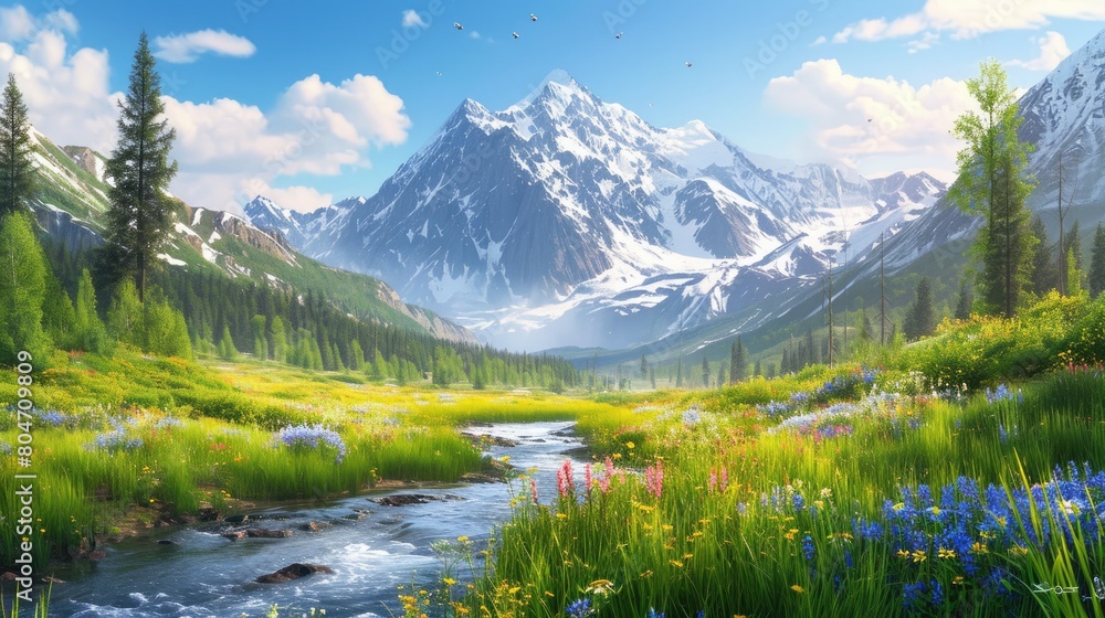Fototapeta premium Vibrant wildflowers and a mountain stream with snowy peaks in the background. Resplendent.