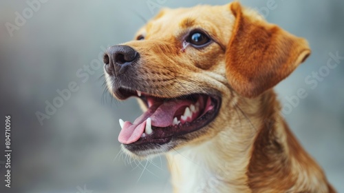 Portrait a happy ginger dog pet animal with open mouth showing her tongue. Generated AI image