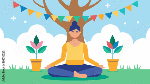 A yogi meditating under a tree adorned with colorful bunting and paper lanterns.. Vector illustration