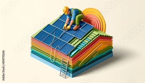 Colorful 3D Illustration of a Worker Installing Solar Panels on Stacked Books