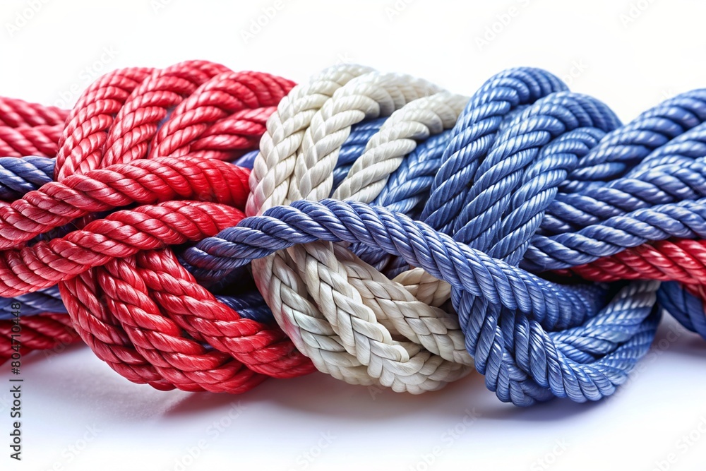 White and red ropes woven together into a tight, tight knot on a white ...