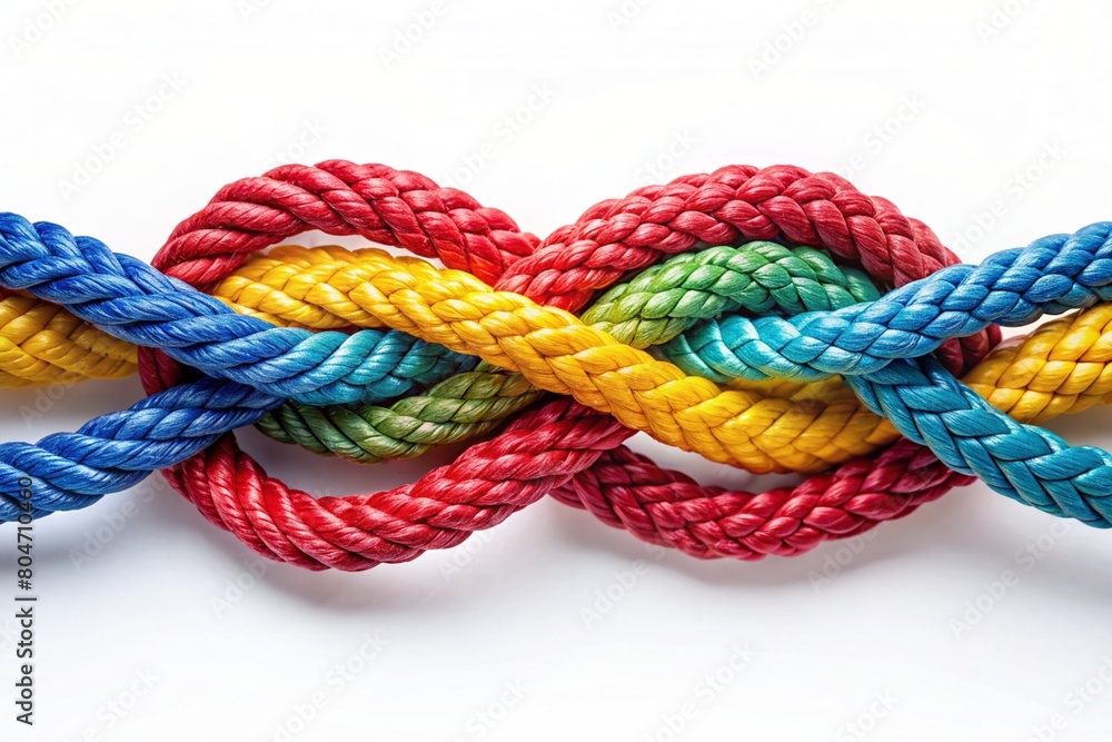 Colorful ropes beautifully woven together in a beautiful weave on a white background. A symbol of unity, diversity and teamwork.