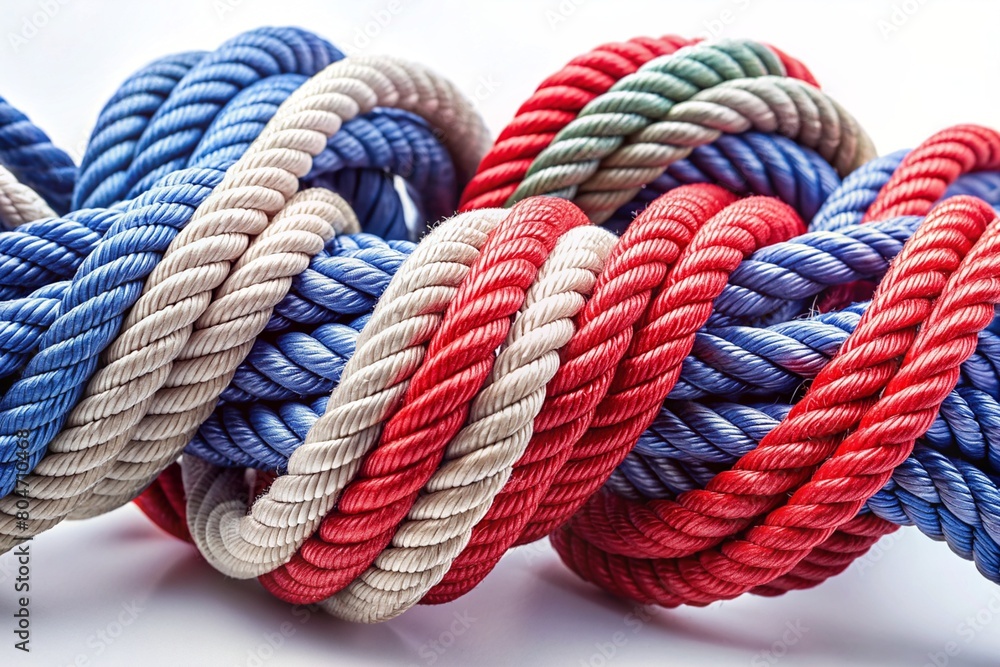 A symbol of unity, diversity and teamwork.White and red ropes tightly woven together into a knot on a white background.